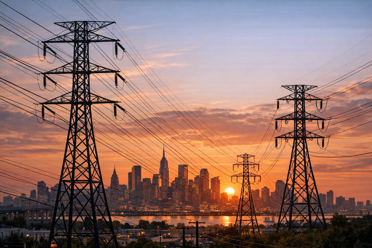 City skyline with power lines